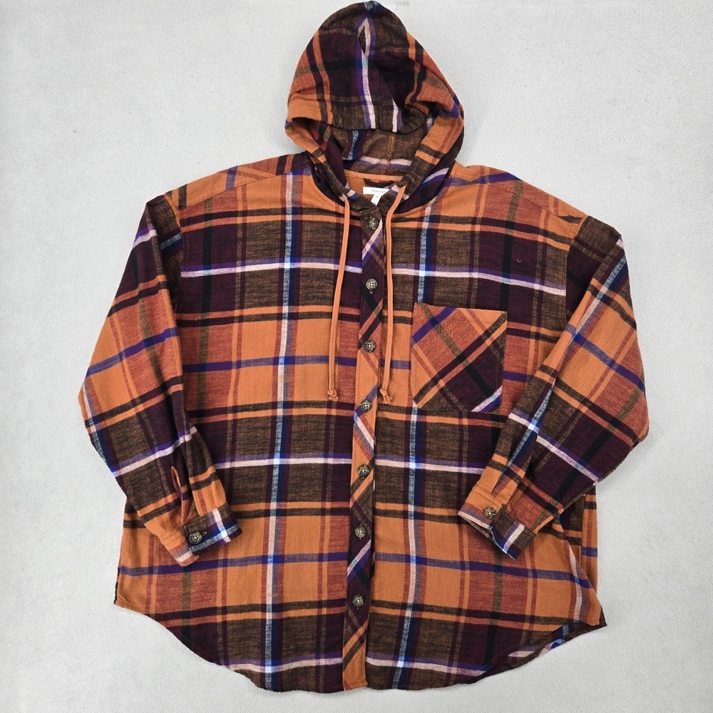 Maurices Womens 2X Hooded Flannel Shirt Orange Fall Plaid Cotton Grunge Cabin